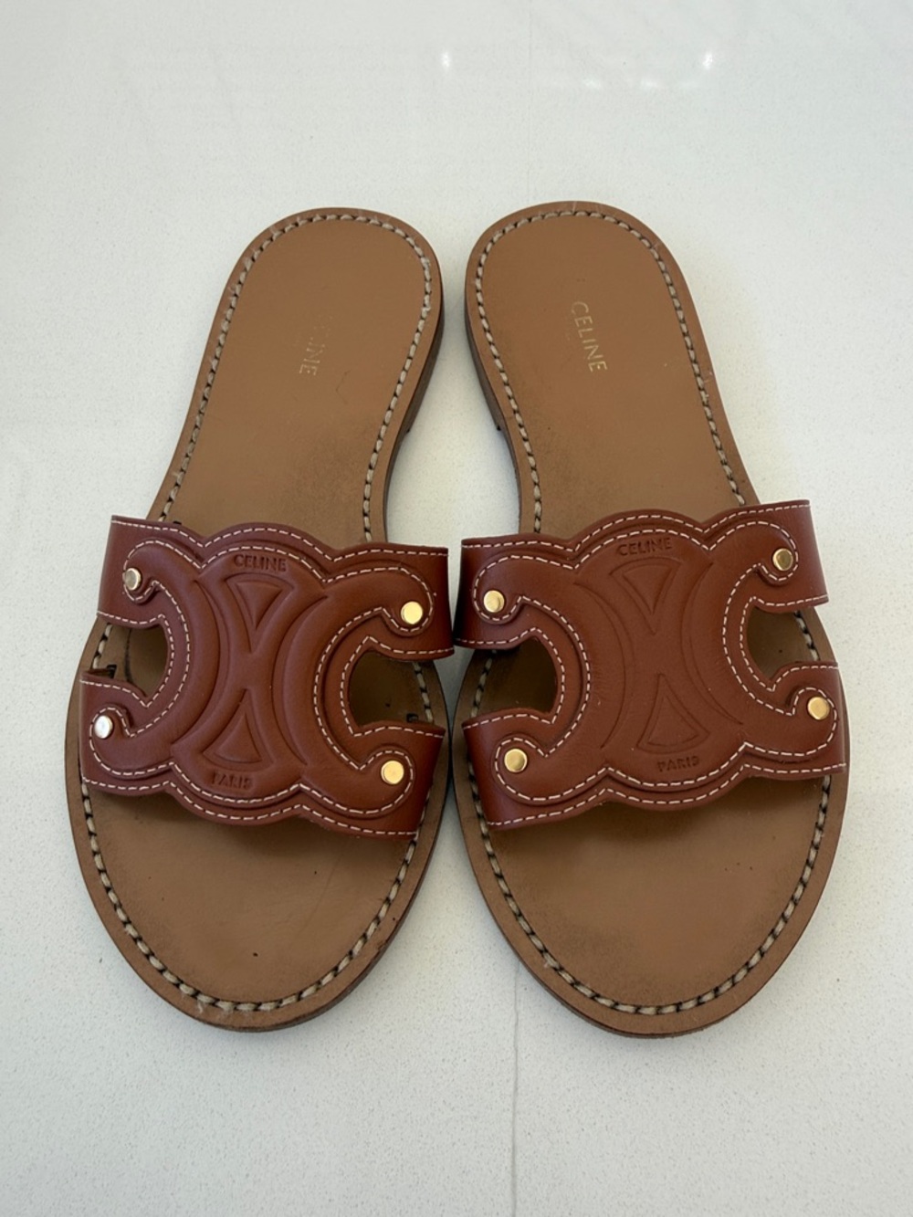 Celine Tan Brown Leather Logo Slide Sandals with Gold Studs - Picture 4 of 5